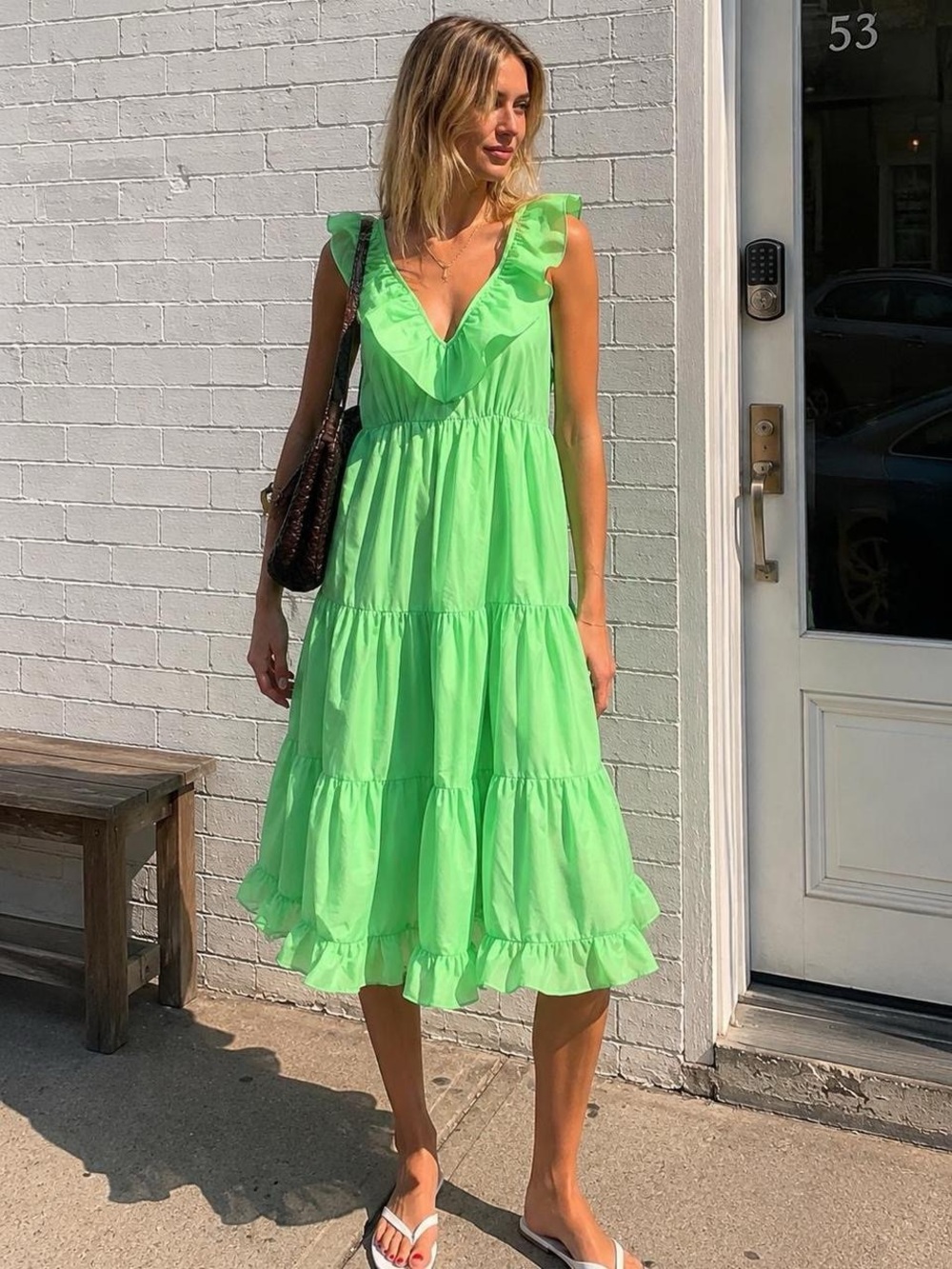 J. Crew Neon Green Ruffle V‑Neck Tiered Midi Dress